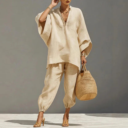 Olivia - Casual Women's Linen Two-Piece Set with V-Neck Batwing Top and Tapered Trousers