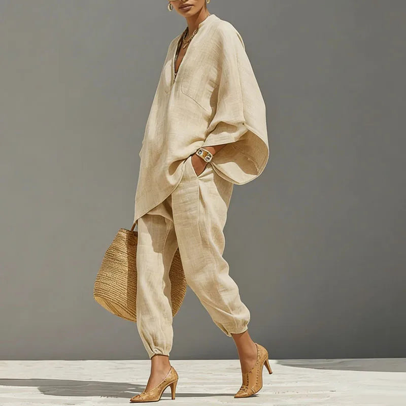 Olivia - Casual Women's Linen Two-Piece Set with V-Neck Batwing Top and Tapered Trousers