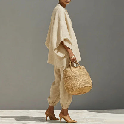 Olivia - Casual Women's Linen Two-Piece Set with V-Neck Batwing Top and Tapered Trousers