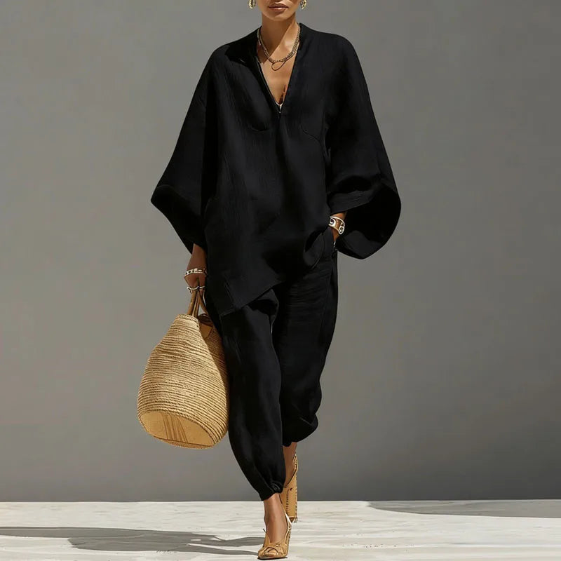 Olivia - Casual Women's Linen Two-Piece Set with V-Neck Batwing Top and Tapered Trousers