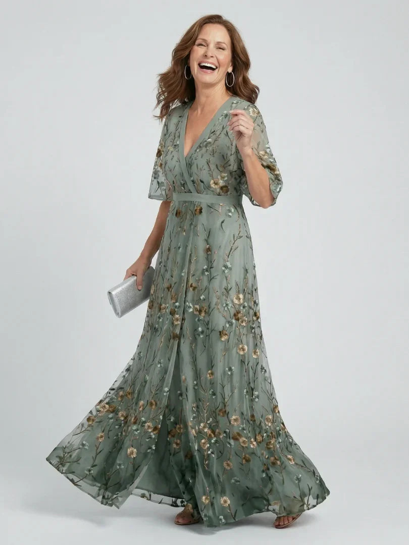 Olivia - Elegant Women's Maxi Dress with V-Neck and Floral Embroidery