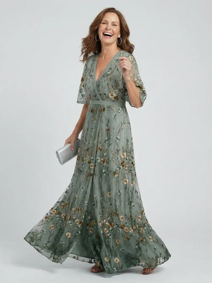 Olivia - Elegant Women's Maxi Dress with V-Neck and Floral Embroidery