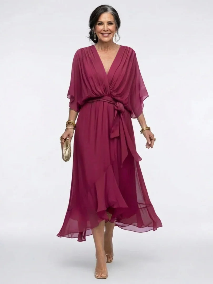 Olivia - Elegant Women's Wedding Guest Midi Dress with V-Neck and Tie Waist