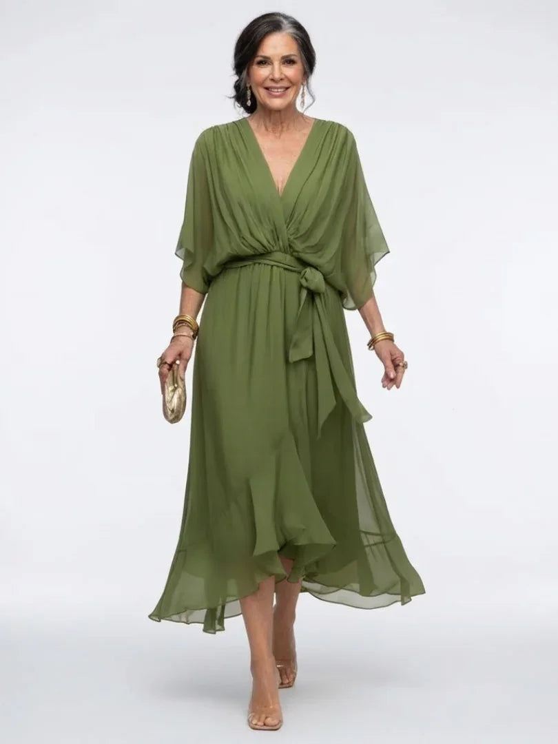 Olivia - Elegant Women's Wedding Guest Midi Dress with V-Neck and Tie Waist