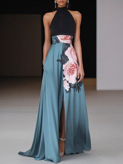 Olivia - Flowy Women's Wedding Guest Maxi Dress with Halter Neck and Floral Skirt