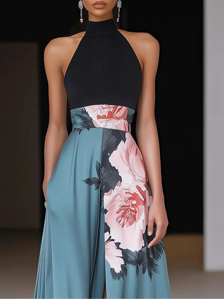 Olivia - Flowy Women's Wedding Guest Maxi Dress with Halter Neck and Floral Skirt