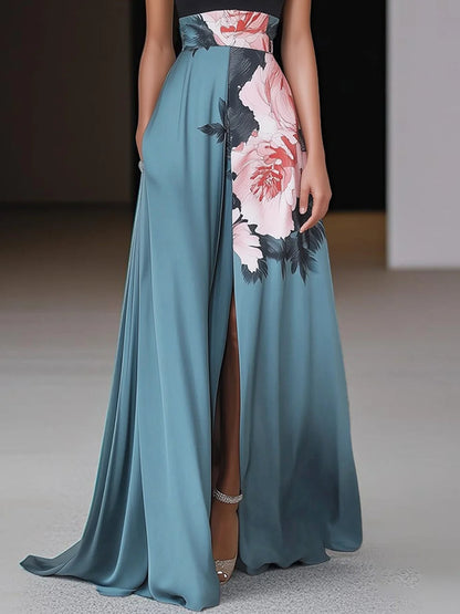 Olivia - Flowy Women's Wedding Guest Maxi Dress with Halter Neck and Floral Skirt