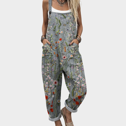 Lily - Casual Women's Linen Jumpsuit with Floral Embroidery and Wide Legs