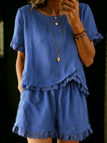 Penelope - Vintage Women's Linen Summer Co-Ord Set with Scalloped Lace Trim and Shorts