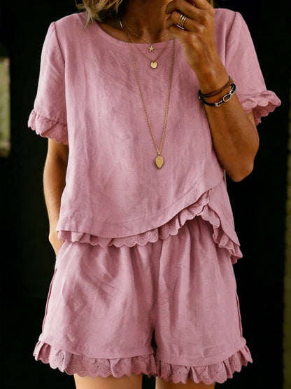 Penelope - Vintage Women's Linen Summer Co-Ord Set with Scalloped Lace Trim and Shorts