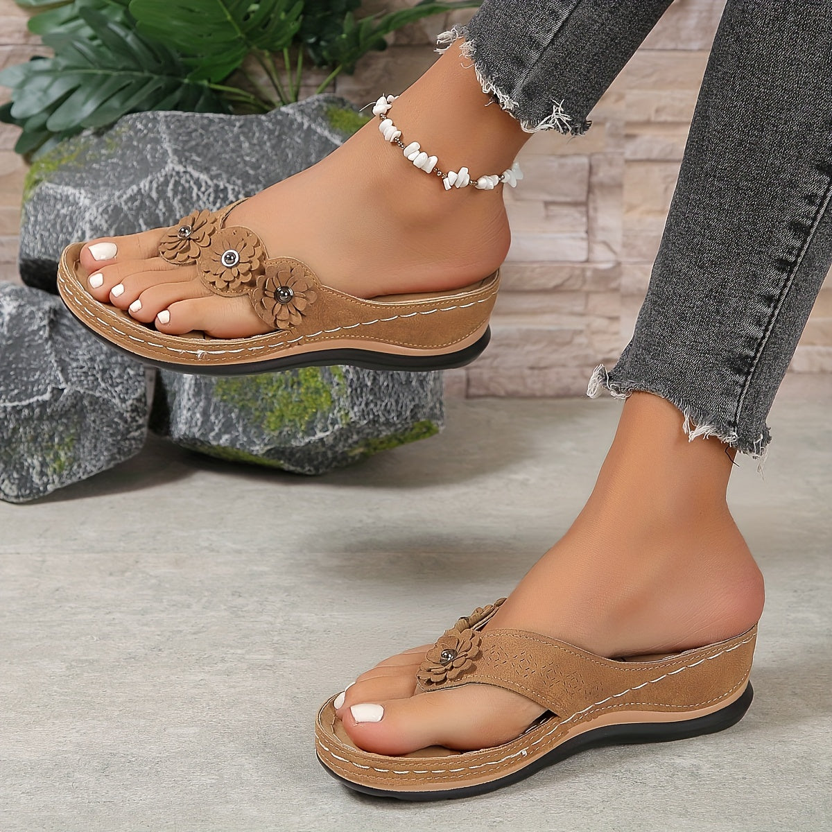 Penny - Boho Women's Orthopedic Wedge Flip Flop Sandals with Flower Detail and Cushioned Platform