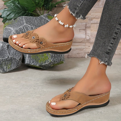 Penny - Boho Women's Orthopedic Wedge Flip Flop Sandals with Flower Detail and Cushioned Platform