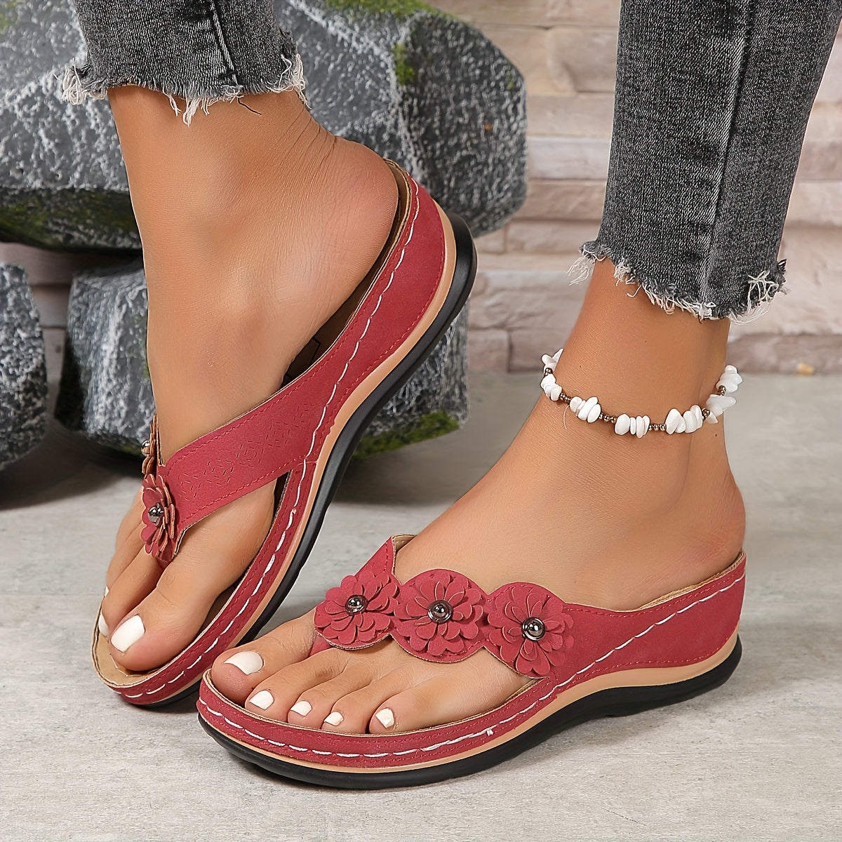 Penny - Boho Women's Orthopedic Wedge Flip Flop Sandals with Flower Detail and Cushioned Platform