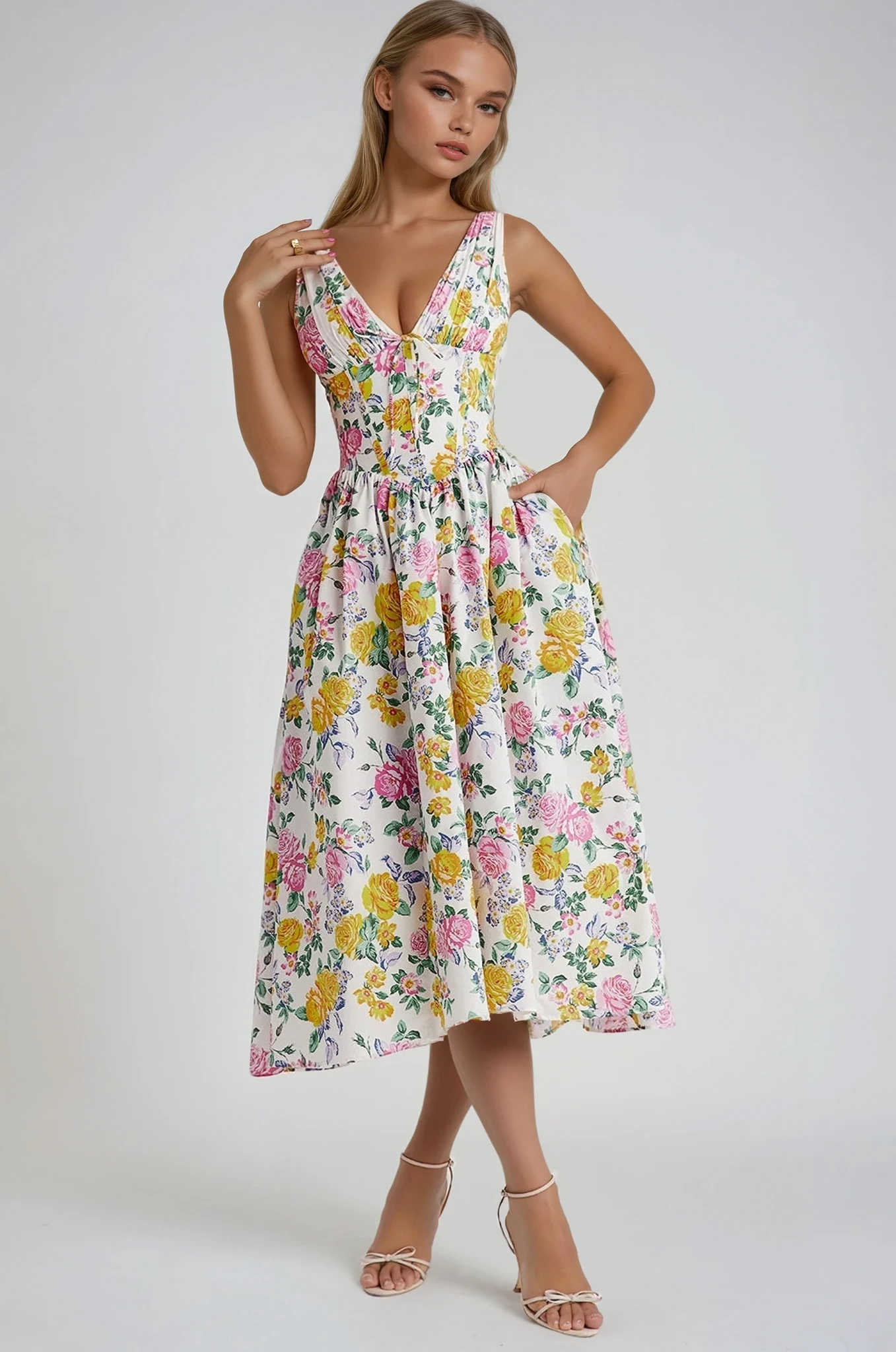 Penny - Elegant Women's Wedding Guest Midi Dress with Deep V Neck and Floral Print