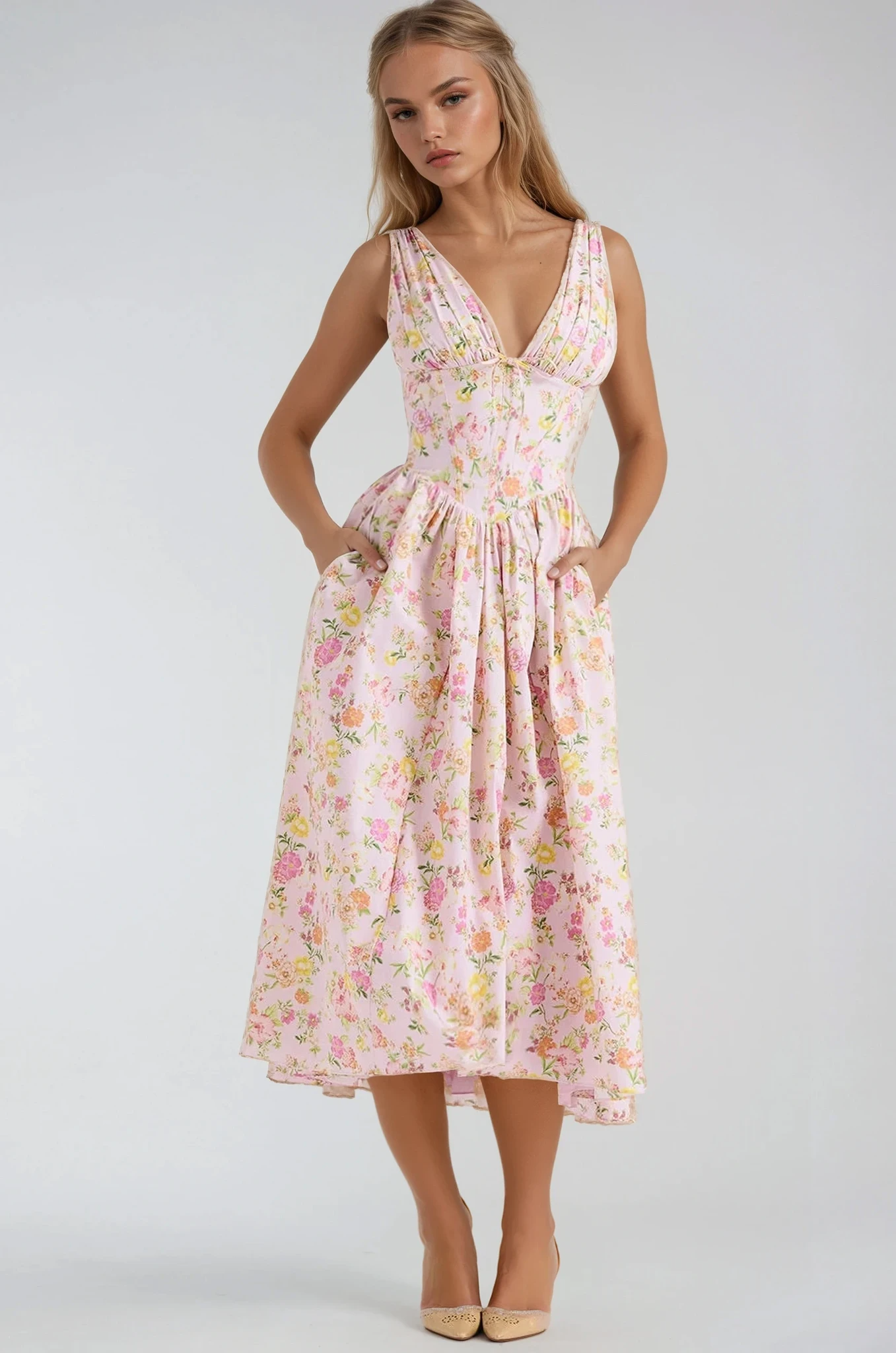 Penny - Elegant Women's Wedding Guest Midi Dress with Deep V Neck and Floral Print