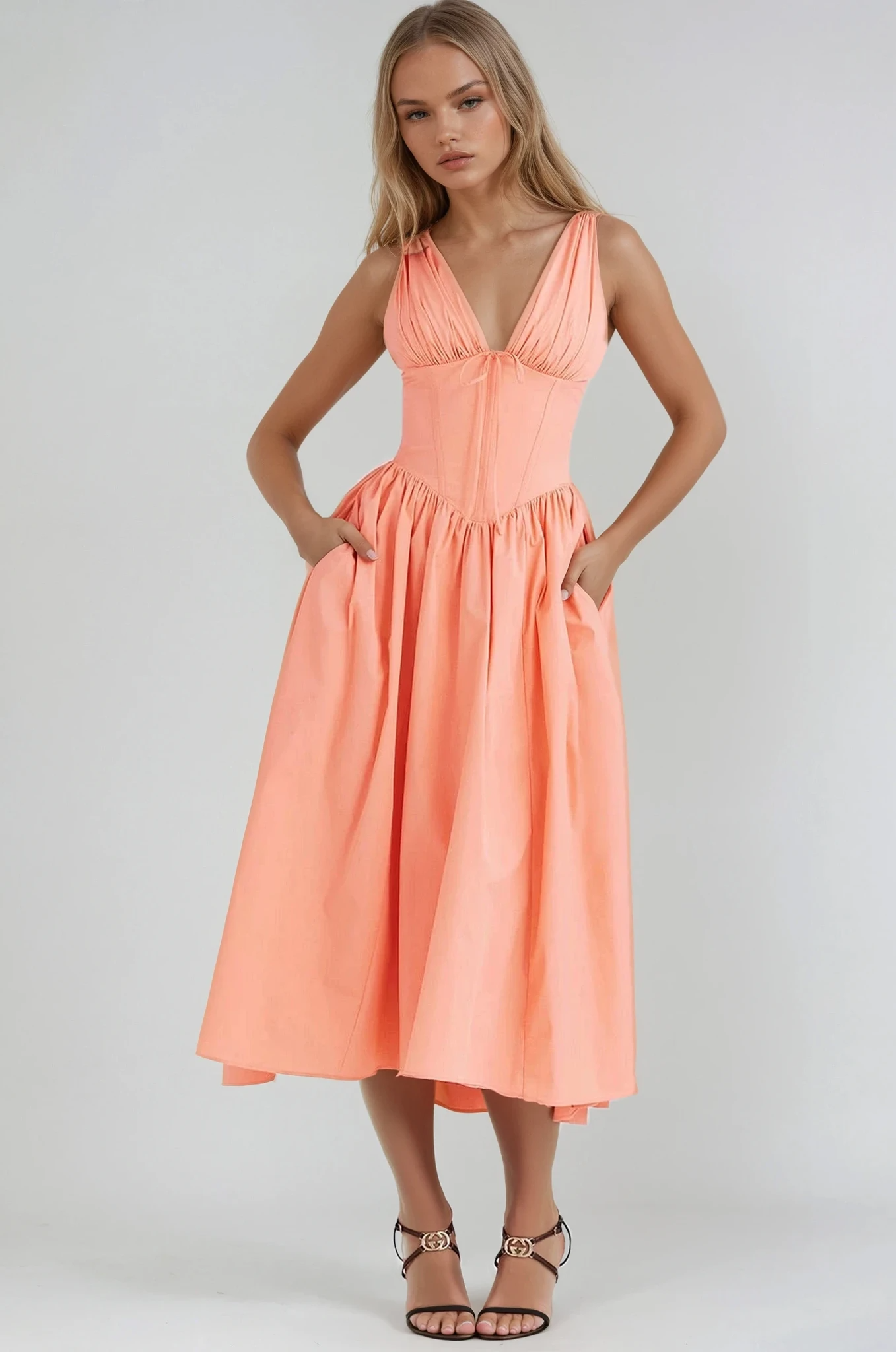 Penny - Elegant Women's Wedding Guest Midi Dress with Deep V Neck and Floral Print