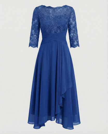 Persephone - Formal Women's Wedding Guest Dress with Scalloped Neckline and Draped Skirt