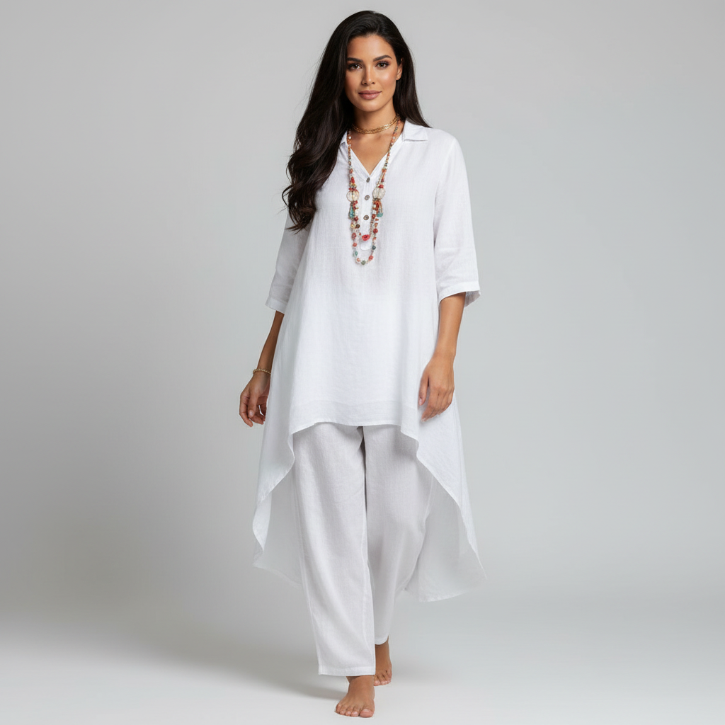 Phoebe - Boho Women's Linen Set with Asymmetric High-Low Tunic and Trousers