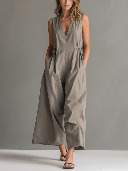 Phoebe - Smart Women's Linen Jumpsuit with V-Neck and Side Knot Detail