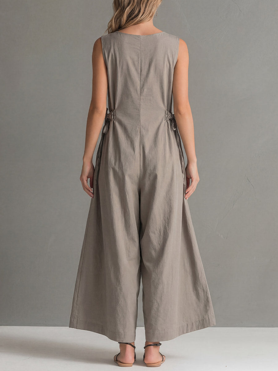 Phoebe - Smart Women's Linen Jumpsuit with V-Neck and Side Knot Detail