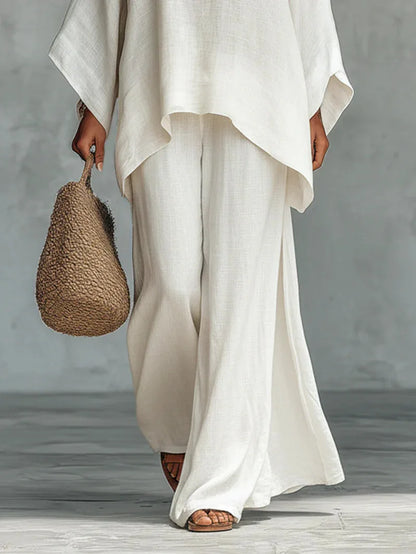 Poppy - Elegant Women's Linen Two-Piece Set with Batwing Top and Wide-Leg Trousers