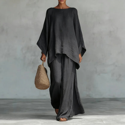 Poppy - Elegant Women's Linen Two-Piece Set with Batwing Top and Wide-Leg Trousers
