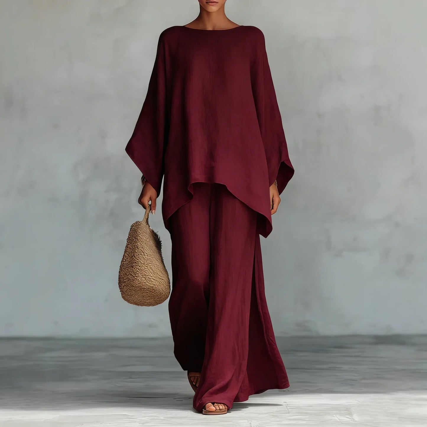 Poppy - Elegant Women's Linen Two-Piece Set with Batwing Top and Wide-Leg Trousers