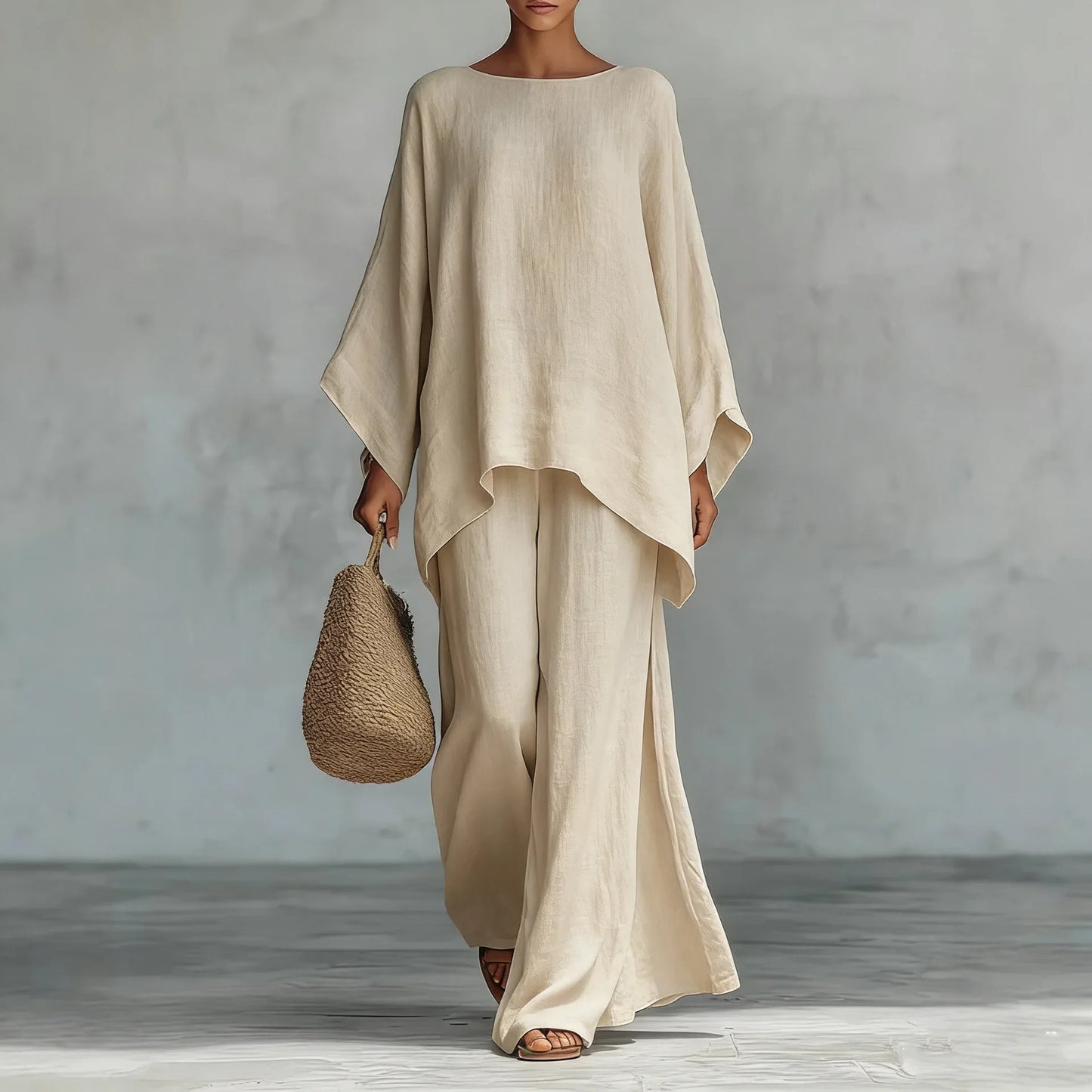 Poppy - Elegant Women's Linen Two-Piece Set with Batwing Top and Wide-Leg Trousers