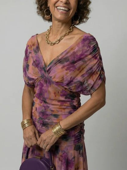 Poppy - Elegant Women's Summer Maxi Dress with V-Neck and Ruched Detail