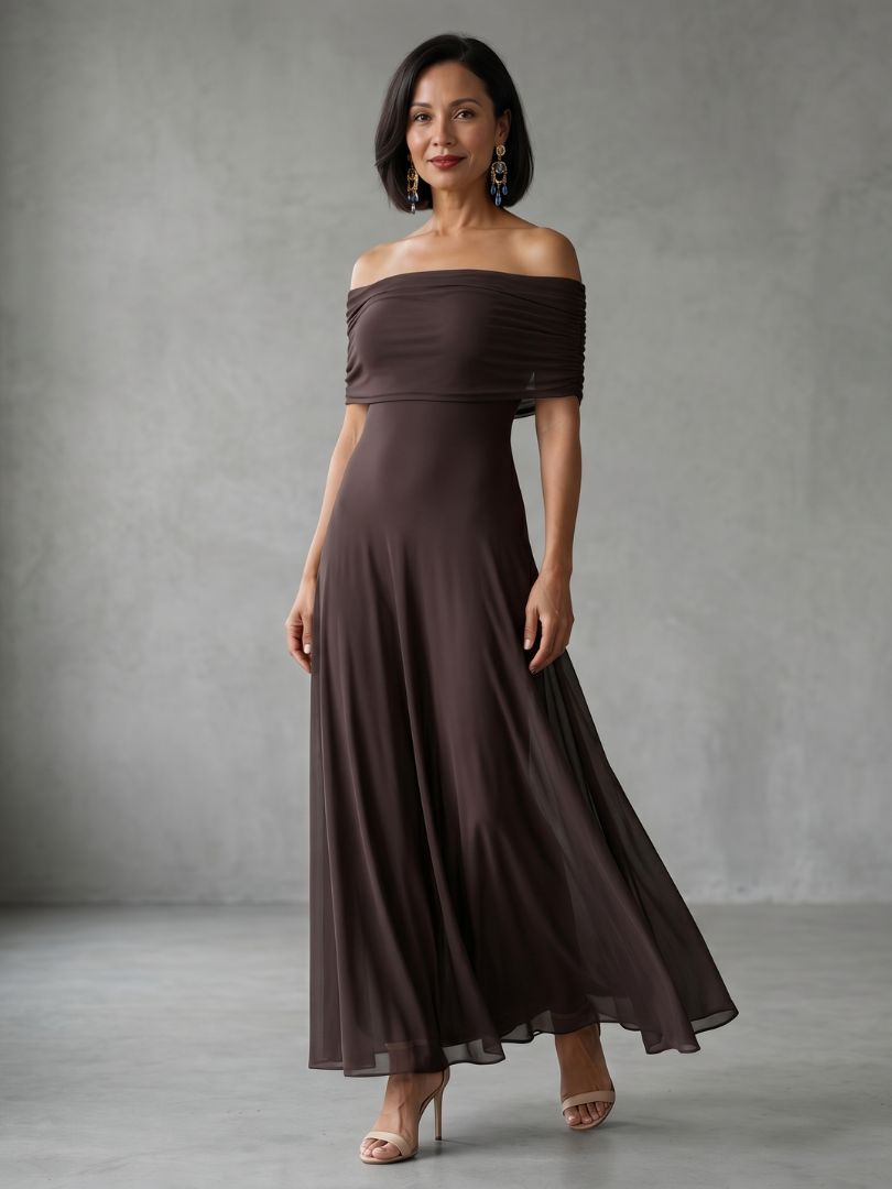 Poppy - Elegant Women's Wedding Guest Maxi Dress with Off-Shoulder Neckline