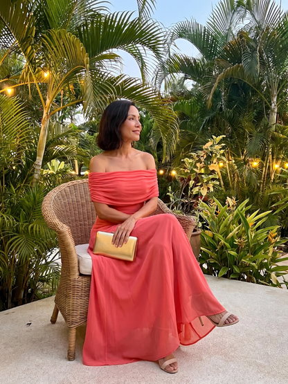 Poppy - Elegant Women's Wedding Guest Maxi Dress with Off-Shoulder Neckline