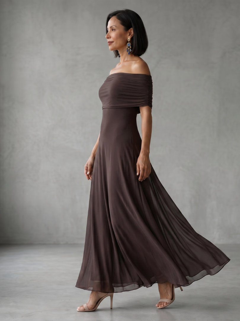 Poppy - Elegant Women's Wedding Guest Maxi Dress with Off-Shoulder Neckline