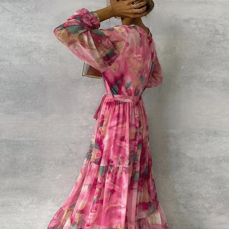 Poppy - Flowy Women's Wedding Guest Maxi Dress with Wrap Front and Long Sleeves