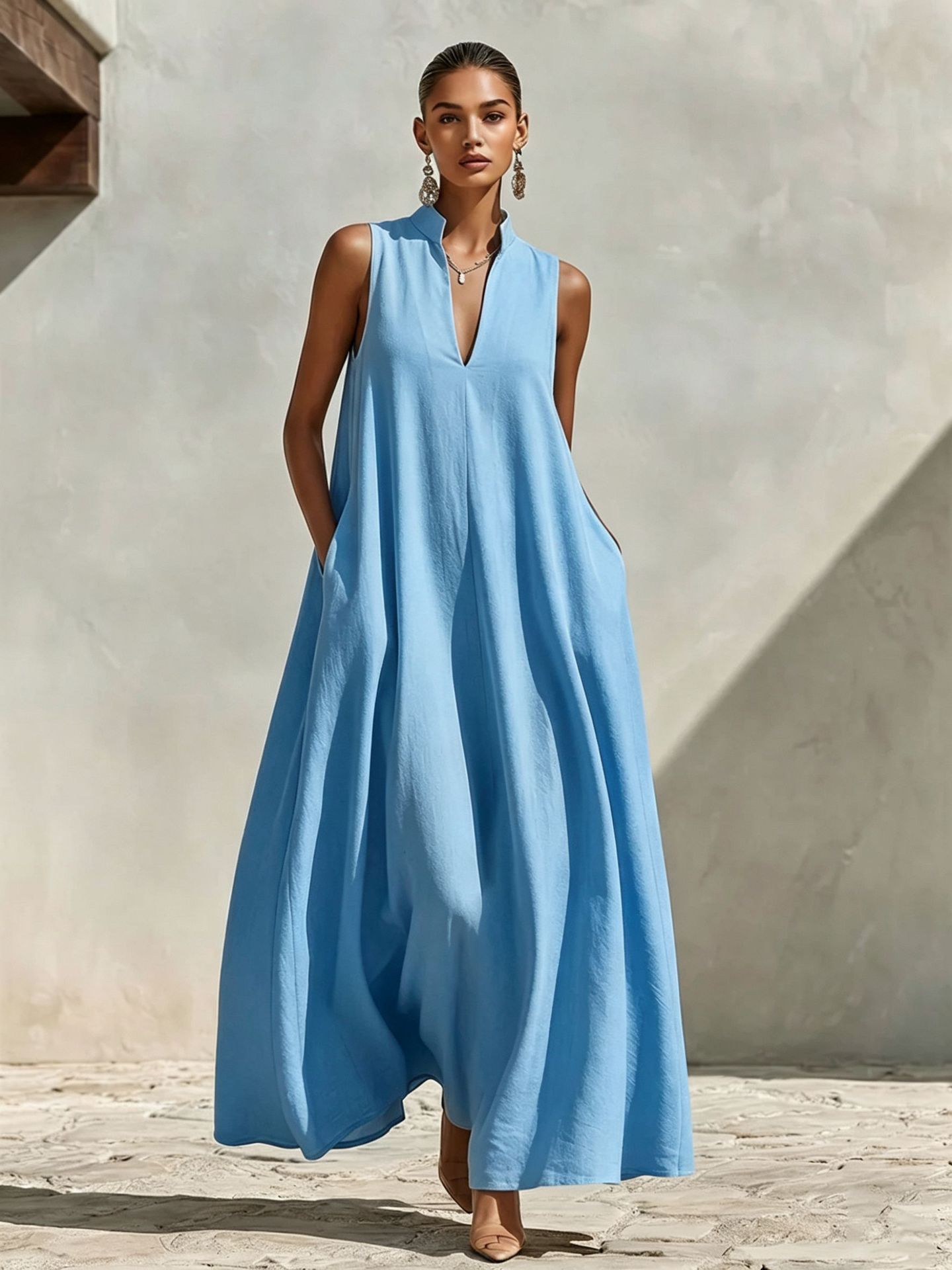 Poppy - Oversized Women's Linen Maxi Dress with V Neck and Pockets