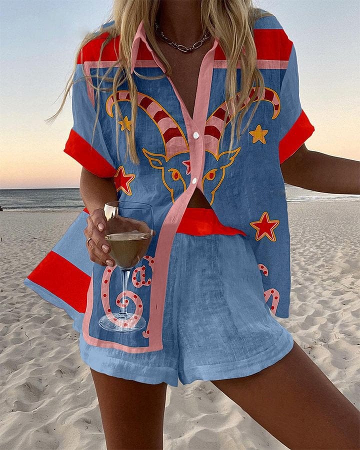 Poppy - Vintage Women's Linen Summer Set with Printed Shirt and Shorts