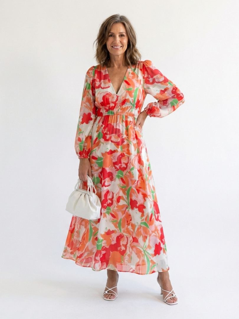 Poppy - Vintage Women's Maxi Dress with Wrap Front and Long Sleeves