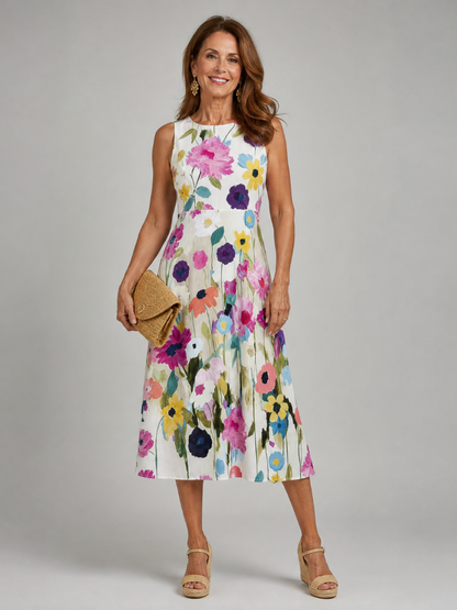 Poppy - Vintage Women's Midi Summer Dress with Round Neckline and A-Line Skirt