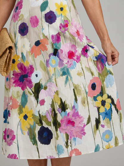 Poppy - Vintage Women's Midi Summer Dress with Round Neckline and A-Line Skirt