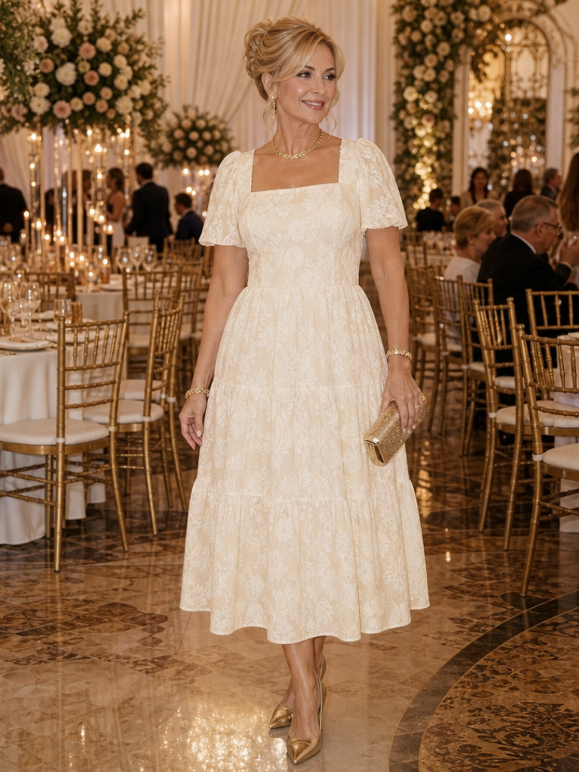 Poppy - Vintage Women's Wedding Guest Dress with Square Neckline and Puff Sleeves