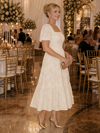 Poppy - Vintage Women's Wedding Guest Dress with Square Neckline and Puff Sleeves