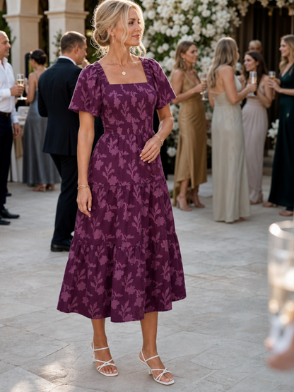 Poppy - Vintage Women's Wedding Guest Dress with Square Neckline and Puff Sleeves