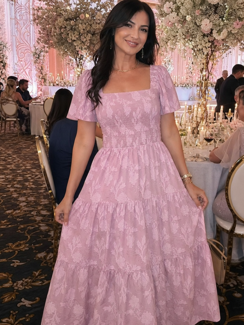 Poppy - Vintage Women's Wedding Guest Dress with Square Neckline and Puff Sleeves