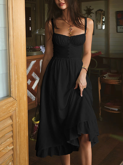 Rosa - Flowy Women's Wedding Guest Midi Dress with Sweetheart Neck and Ruffle Hem