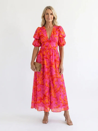 Rosie - Boho Women's Summer Maxi Dress with V-Neck and Puff Sleeves