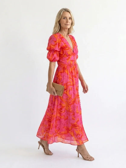 Rosie - Boho Women's Summer Maxi Dress with V-Neck and Puff Sleeves