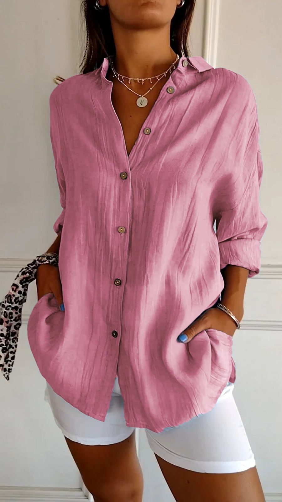 Rosie - Casual Women's Linen Blouse with Oversized Fit and Front Pockets