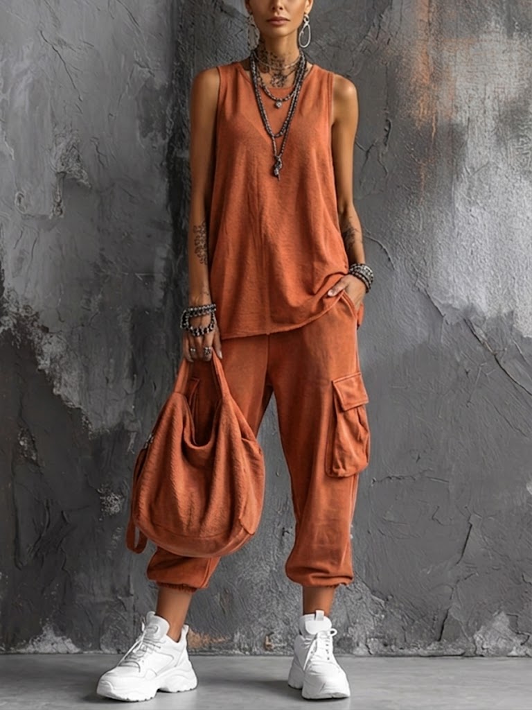 Rosie - Casual Women's Linen Set with Tank Top and Cargo Joggers