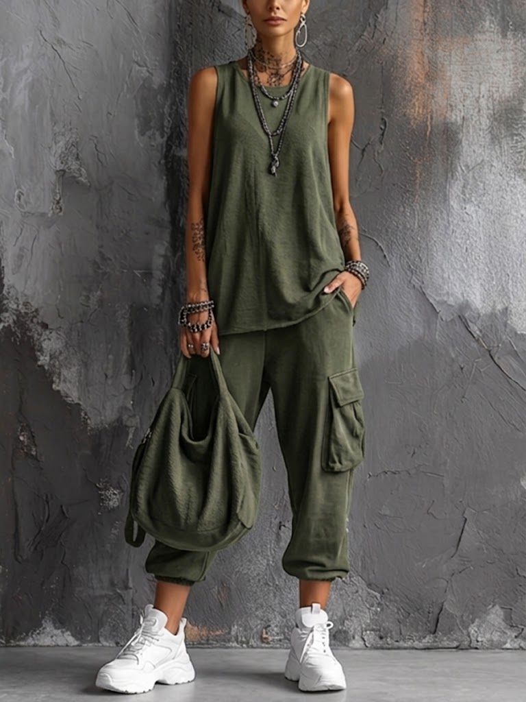 Rosie - Casual Women's Linen Set with Tank Top and Cargo Joggers