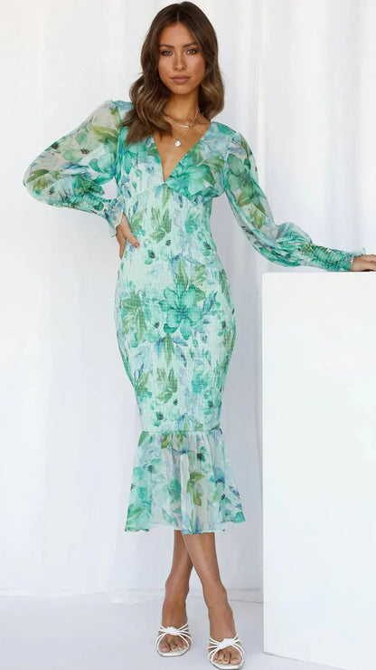 Rosie - Glam Women's Wedding Guest Dress with Balloon Sleeves and Ruffled Hem