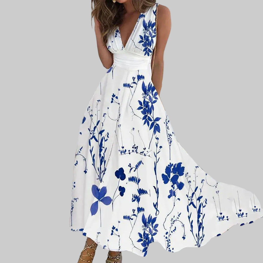 Rosie - Vintage Women's Maxi Dress with Deep V Neck and Flowing Skirt
